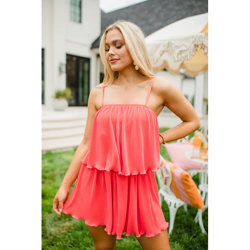 In the Afterglow Hot Coral Pleated Romper