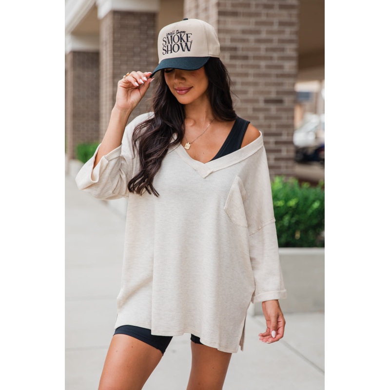 It’s Our Time Oatmeal Oversized Pocketed Waffle Tee FINAL SALE