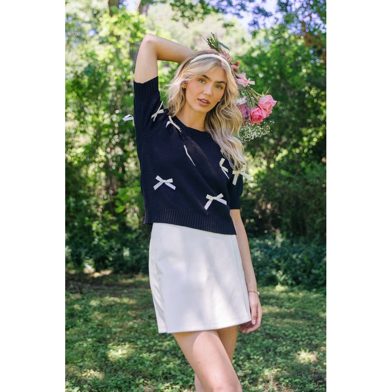 Just A Girl Black Bow Applique Short Sleeve Sweater FINAL SALE