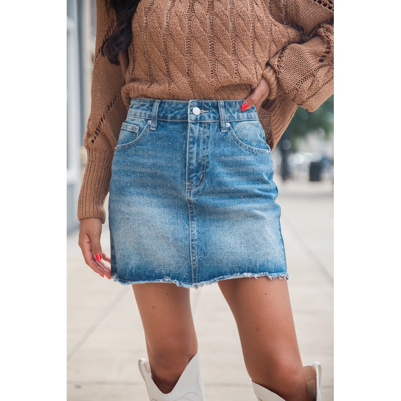 Kelsea Rhinestone Embellished Medium Wash Denim Skirt FINAL SALE