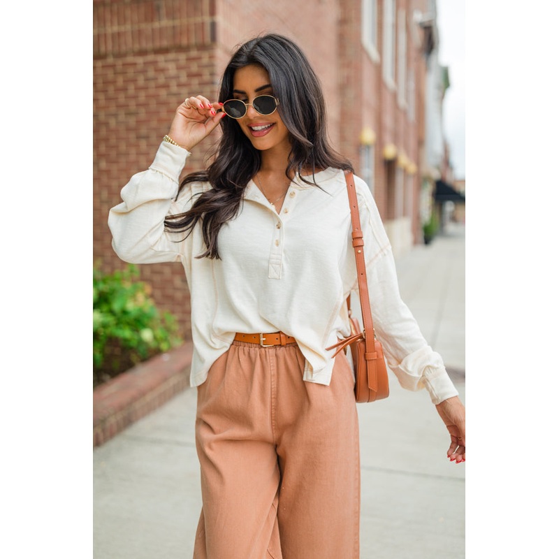 Like Me Again Cream Contrast Stitch Henley FINAL SALE