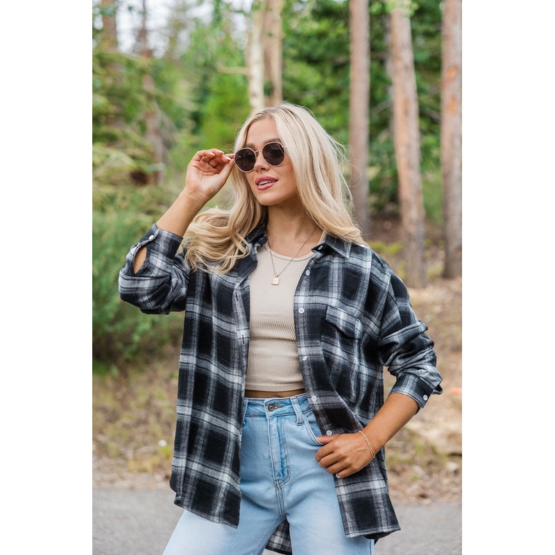 Made Me Realize Black And Ivory Plaid Oversized Button Front Shirt FINAL SALE