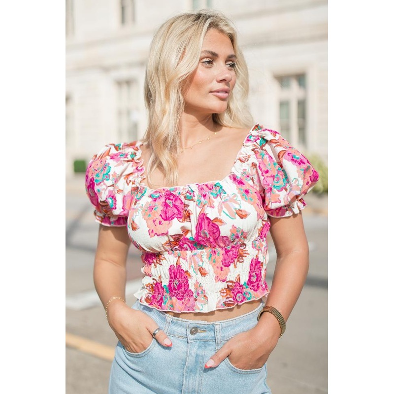 Makes Me Wonder Pink Multi Short Sleeve Smocked Waist Floral Top FINAL SALE