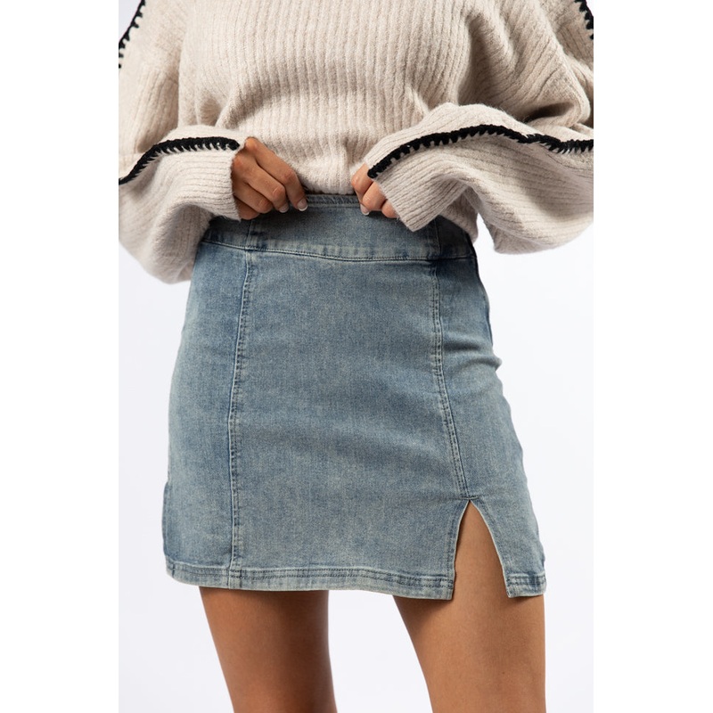 My Time To Shine Medium Wash Side Slit Denim Skirt