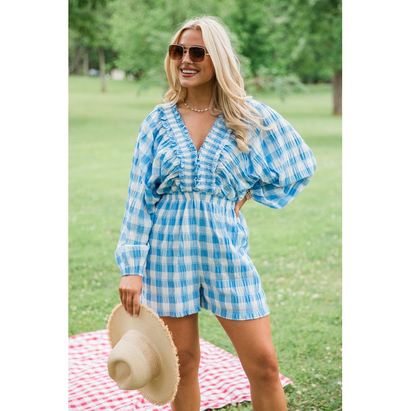 Oh Happy day Light Blue Checkered Ruffle Detail Romper FINAL SALE