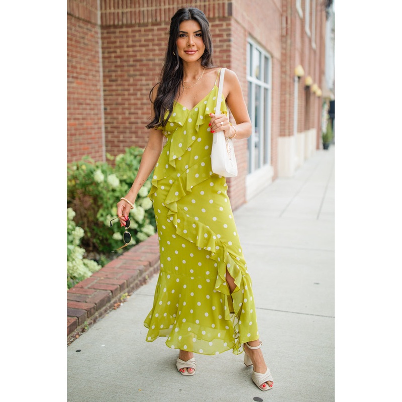 On The Spot Kiwi Ruffle Detail Polka Dot Midi Dress FINAL SALE