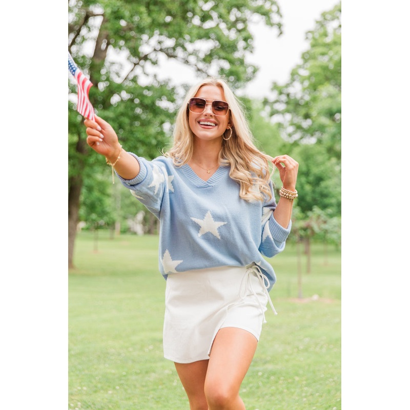 Stars and Smiles Blue V-Neck Sweater FINAL SALE
