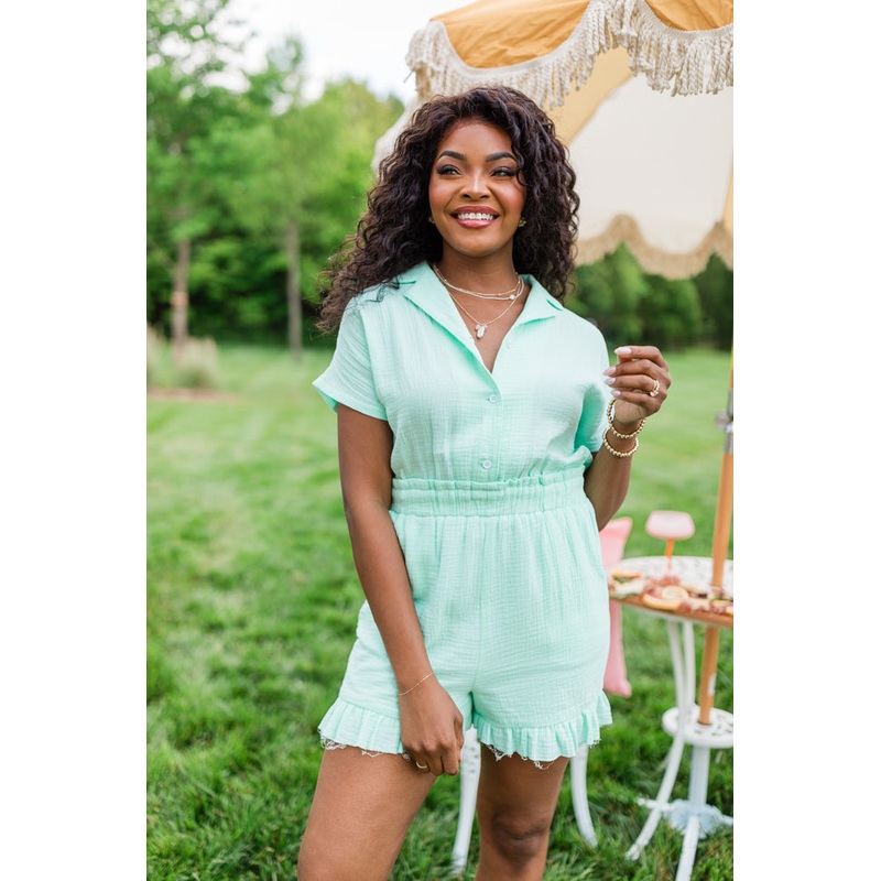 Stop And Stare Mint Flutter Hem Collared Romper