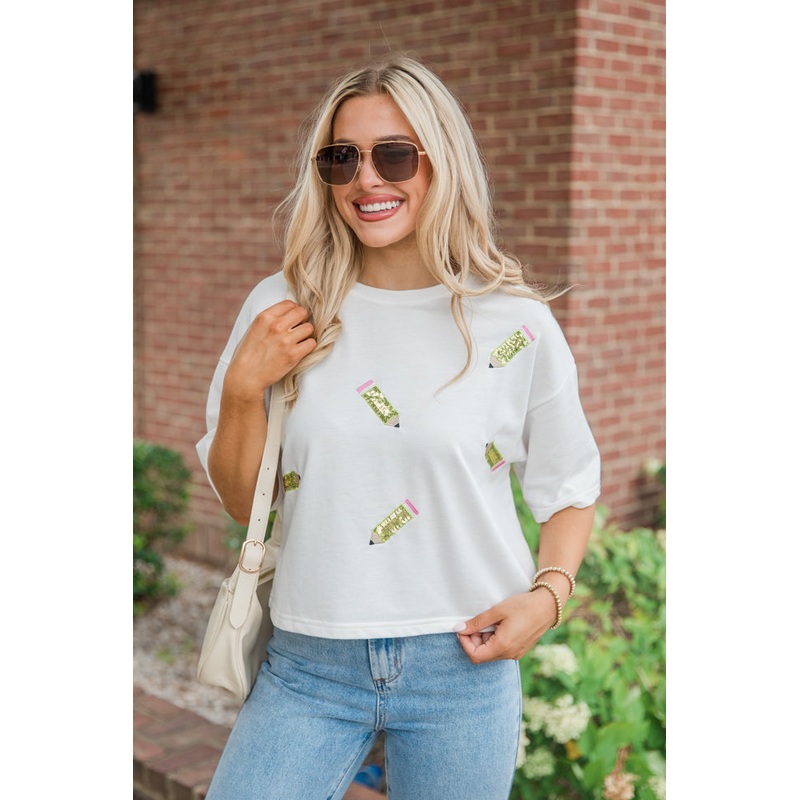 Study Break Green Pencil Patch Ivory Tee  FINAL SALE