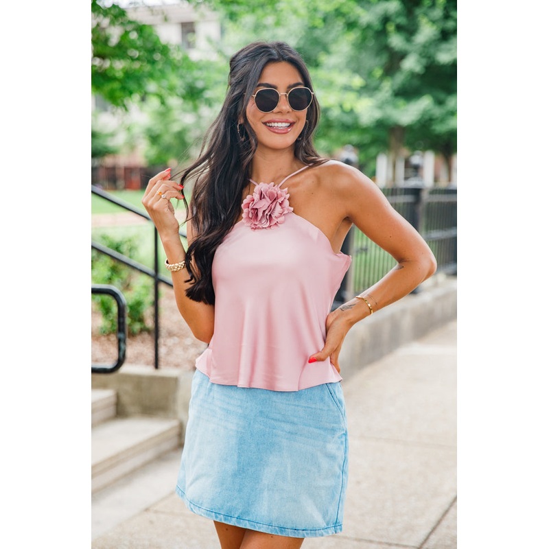 Take A Picture Dusty Pink Rosette Satin Halter Tank FINAL SALE