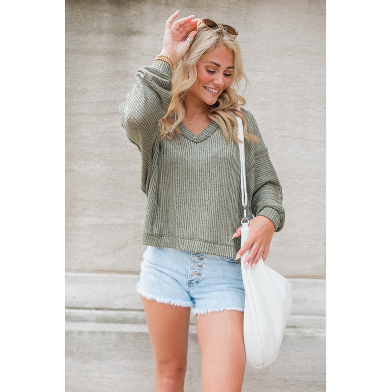 Wish For More Olive Ribbed Knit V-Neck Top FINAL SALE