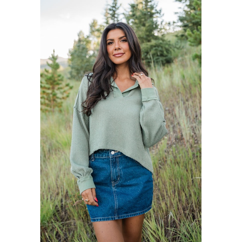 All Clear Olive Collared Textured Knit Top FINAL SALE