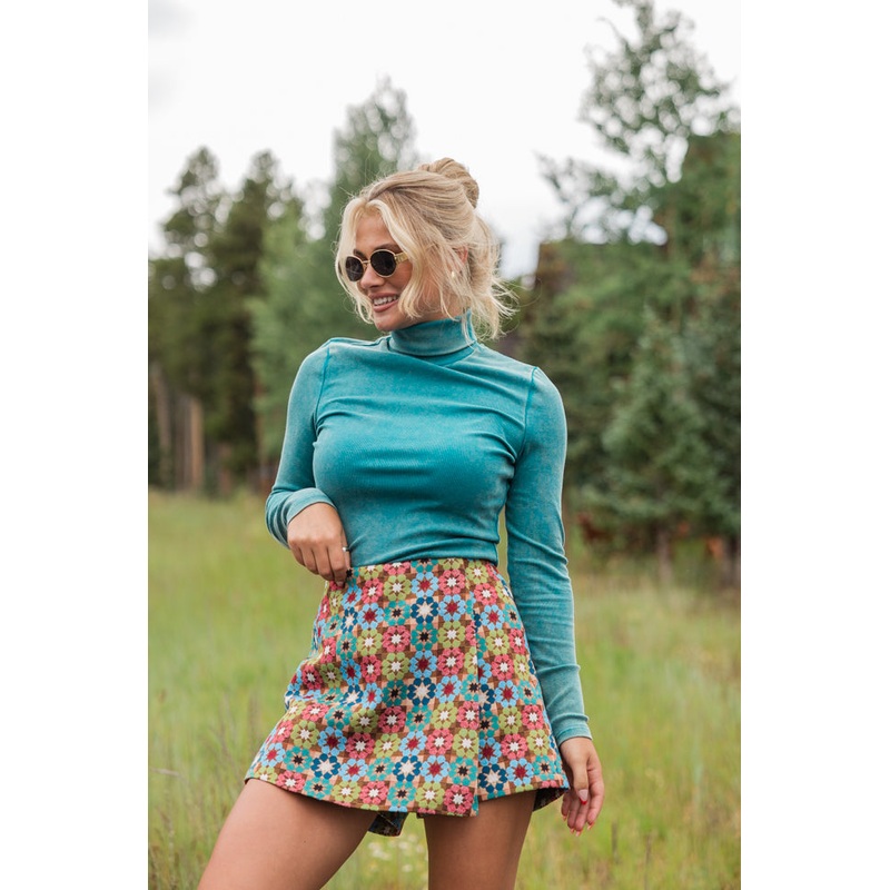 All Night Long Teal Acid Washed Turtleneck Ribbed Top FINAL SALE