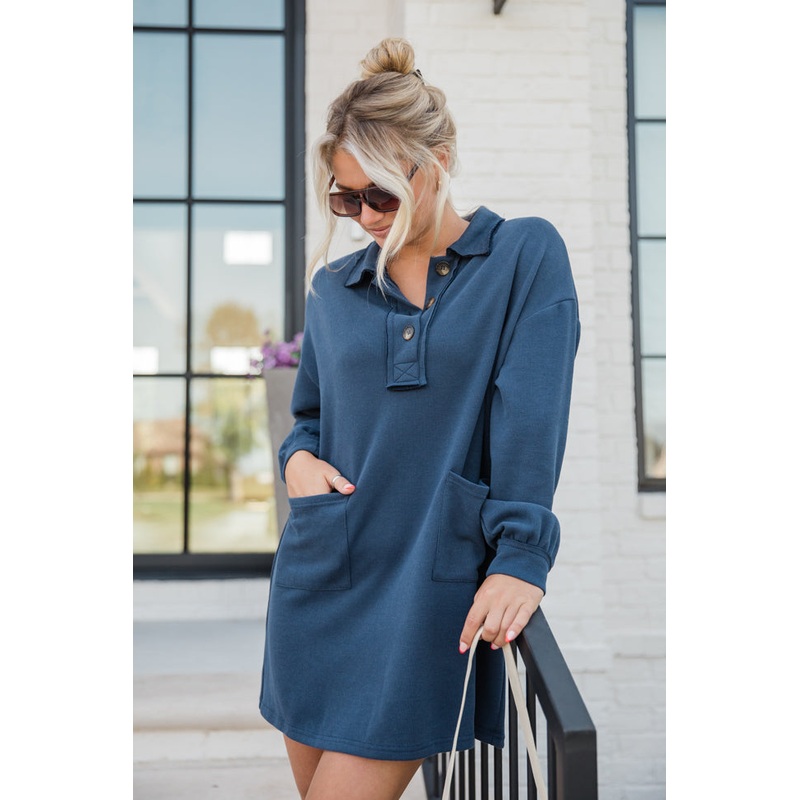 Coffee Chat Navy Button Front Knit Dress FINAL SALE