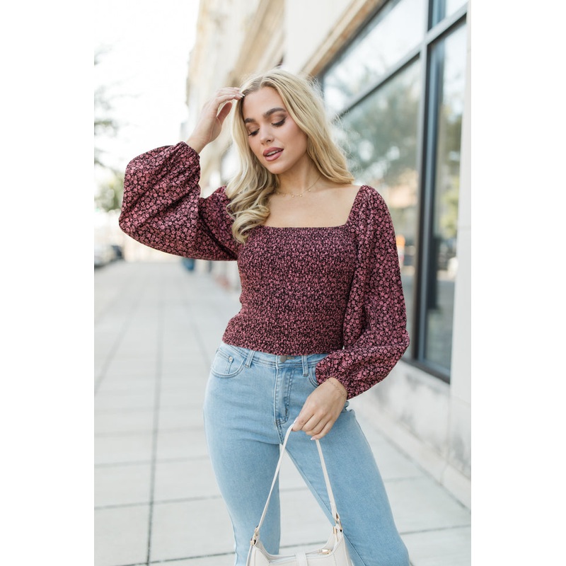 Day We Met Brown and Pink Smocked Square Neck Floral Top FINAL SALE