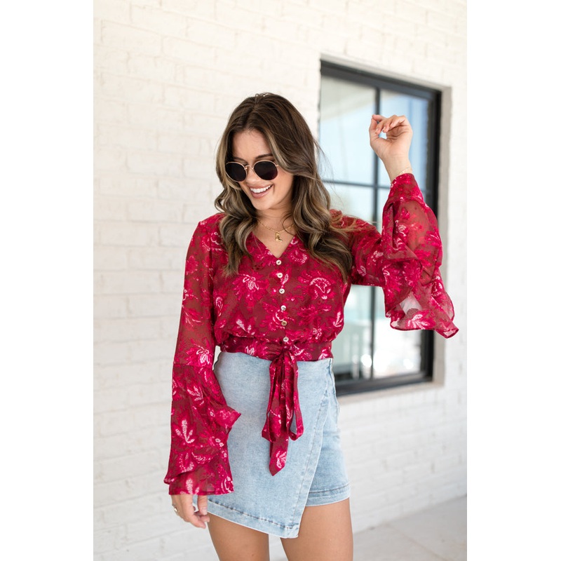 Don’t Wait Up Berry Floral Bell Sleeve Tie Front Blouse FINAL SALE