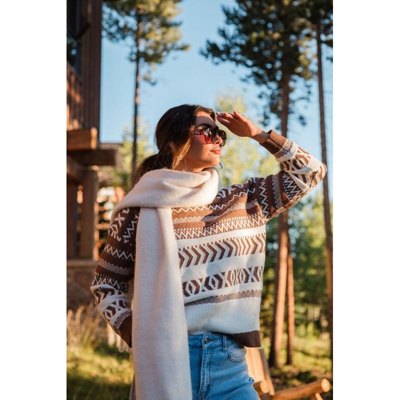 Extended Stay Brown Printed Crew Neck Sweater FINAL SALE