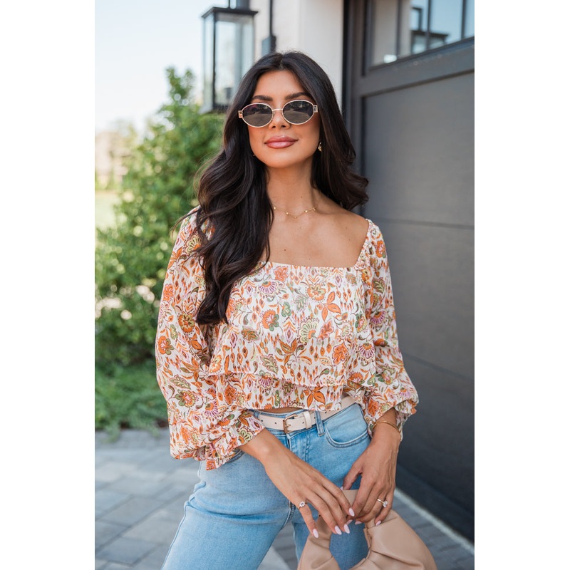 In A Dream Multi Floral Tiered Hem Printed Square Neck Top FINAL SALE