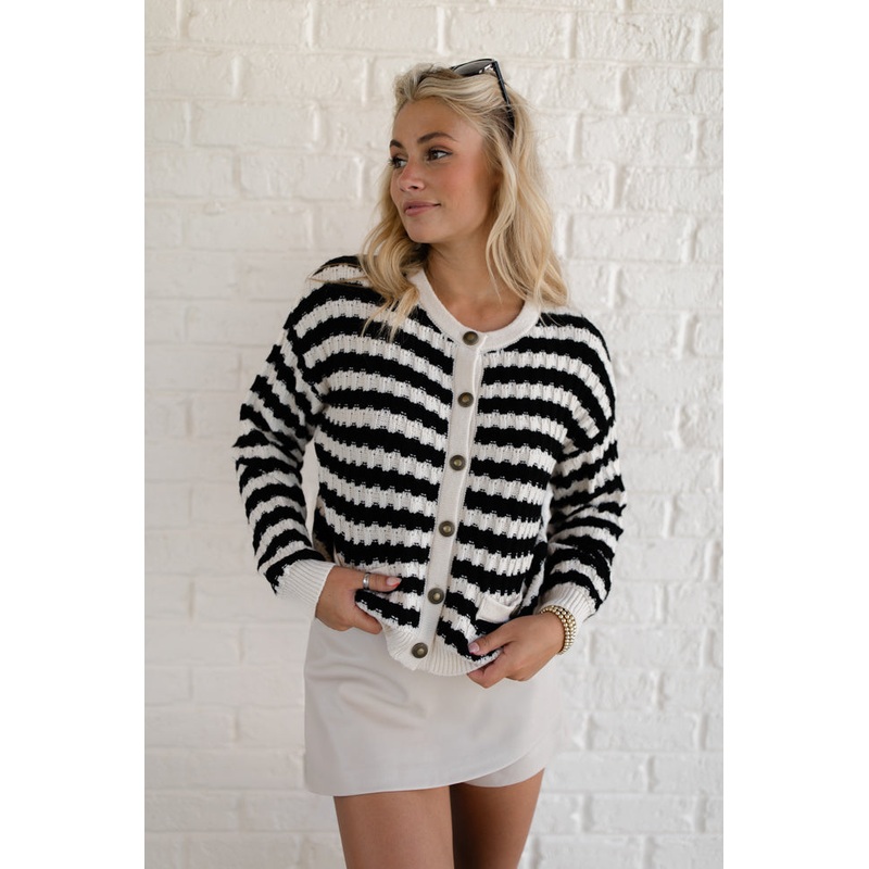 Just Say When Black and Ivory Striped Textured Cardigan FINAL SALE