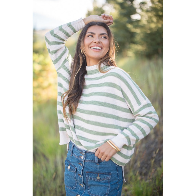 Keep On Shining Olive And Cream Striped Turtleneck Sweater FINAL SALE