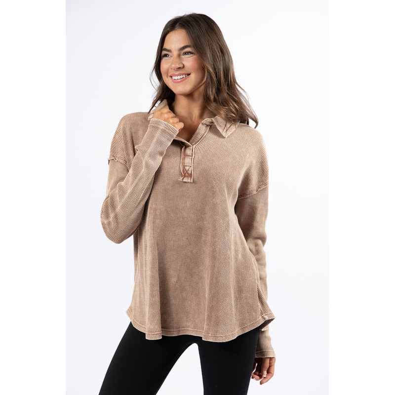 Leaf Your Worries Brown Acid Washed Waffle Collared Top