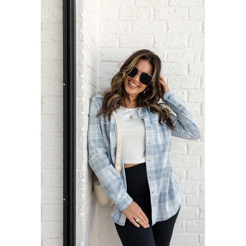 Left Wondering Grey Knit Plaid Shirt FINAL SALE