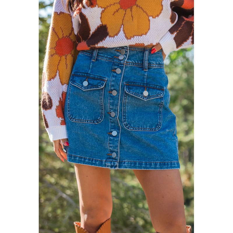 Looking Back Medium Wash Button Front Denim Mini Skirt FINAL SALE