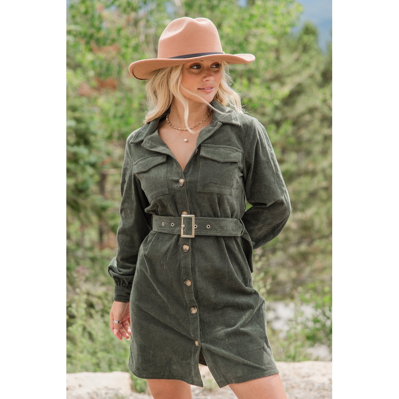 No Expectations Olive Corded Long Sleeve Belted Mini Dress FINAL SALE