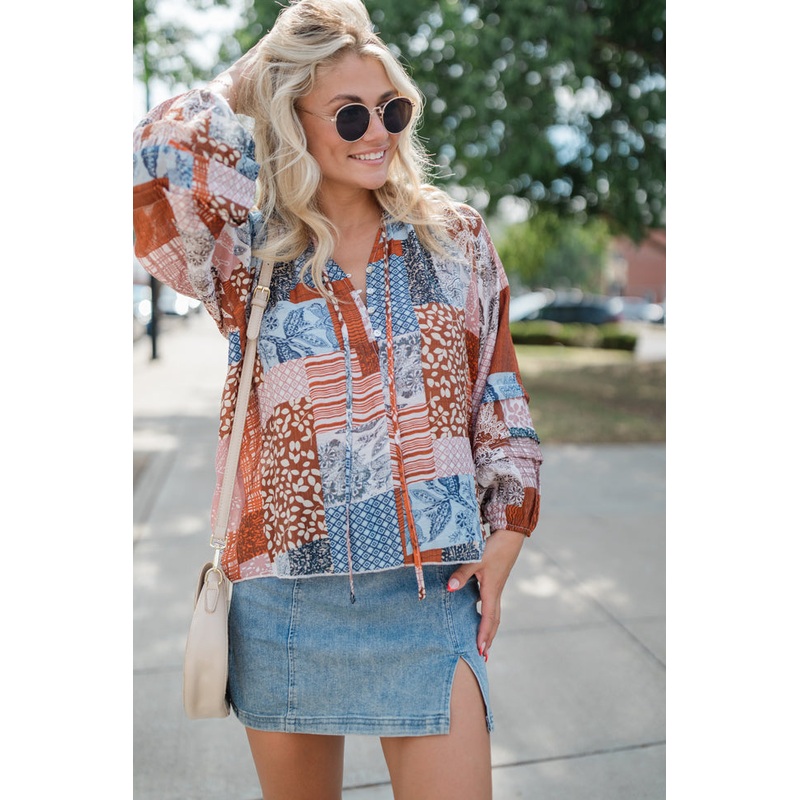 Outlook On Life Brown Multi Patchwork Printed Blouse FINAL SALE