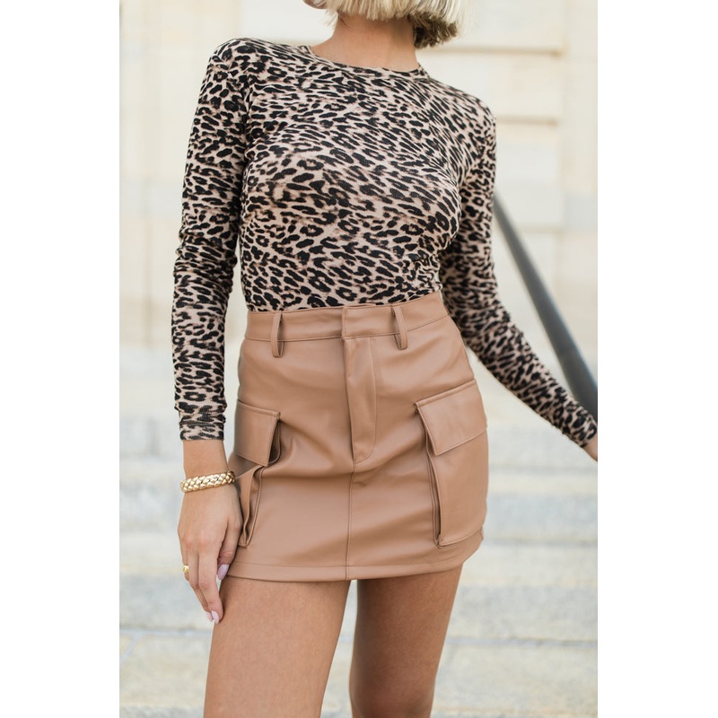Roam The City Camel Faux Leather Cargo Skirt FINAL SALE