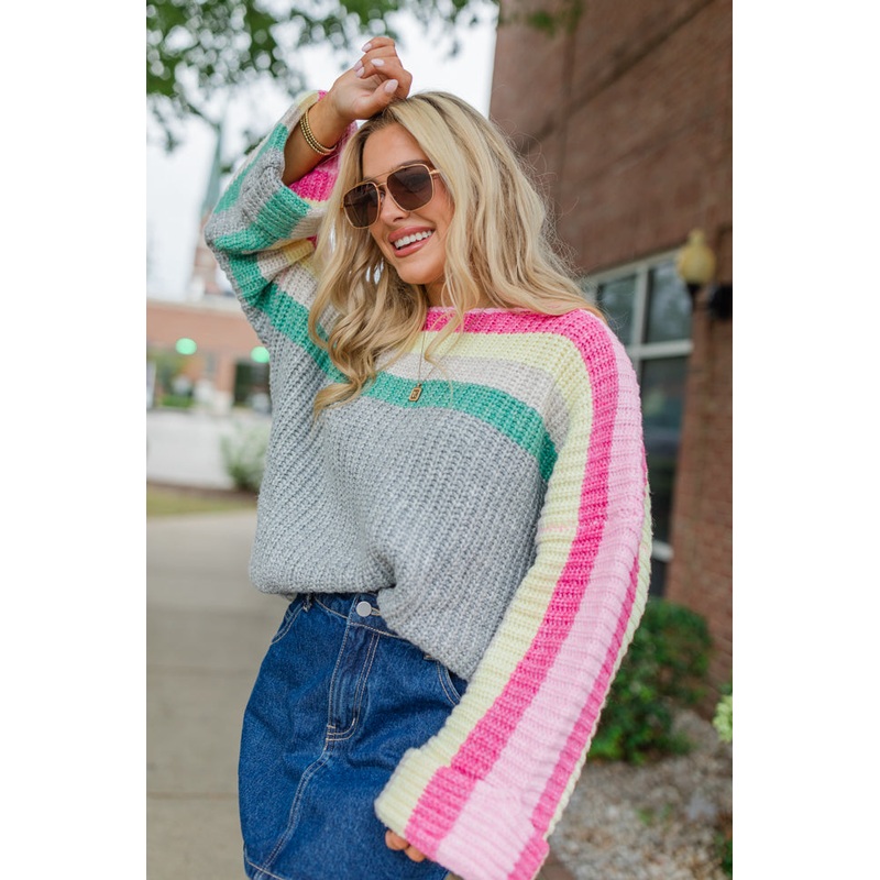 Share Your Story Heather Grey Multi Colorblock Boat Neck Sweater FINAL SALE