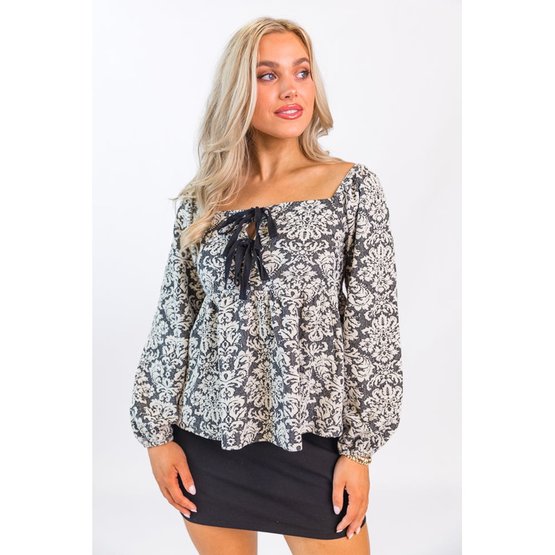 Always Ready Black and Ivory Jacquard Tie Front Knit Top FINAL SALE