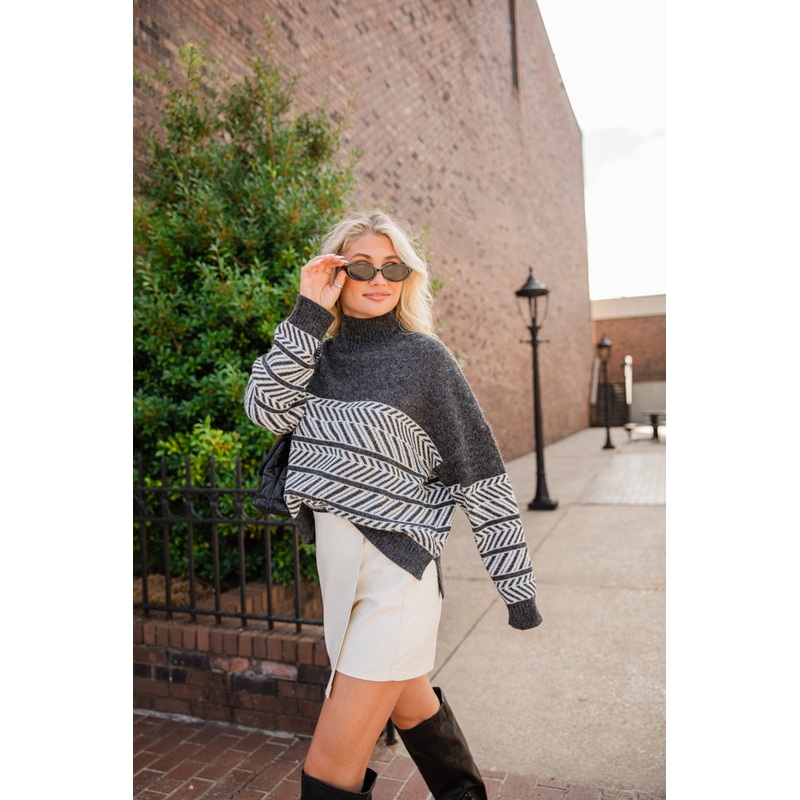 Back And Forth Charcoal Printed Mock Neck Sweater FINAL SALE