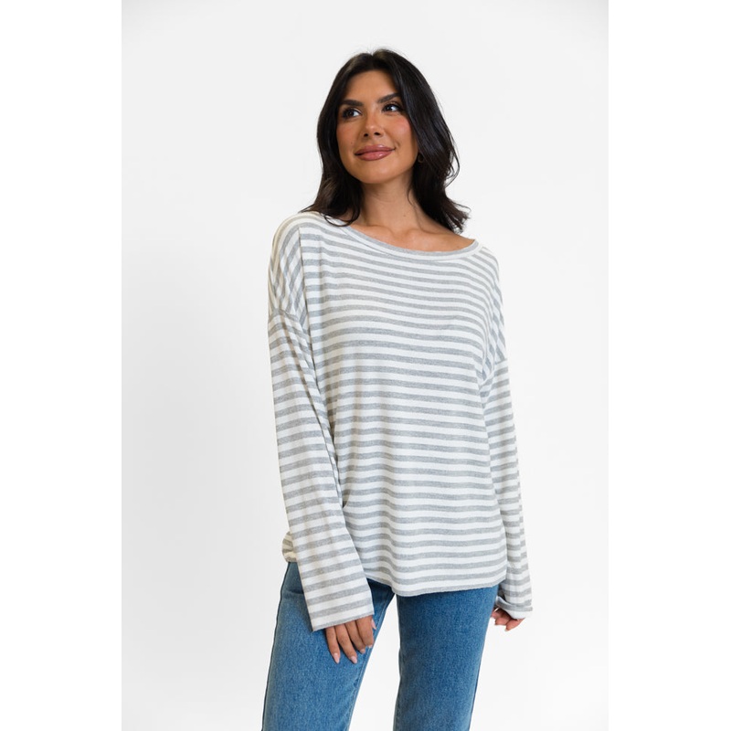 Blizzard Bliss Grey Wide Neck Striped Knit Top FINAL SALE