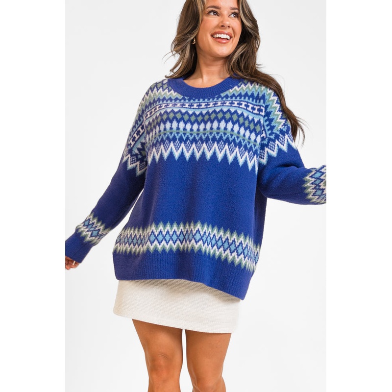 Bundled Up Navy Oversized Fuzzy Fair Isle Sweater FINAL SALE