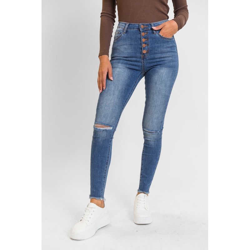 Chelsie Medium Wash Busted Knee Skinny Jeans FINAL SALE