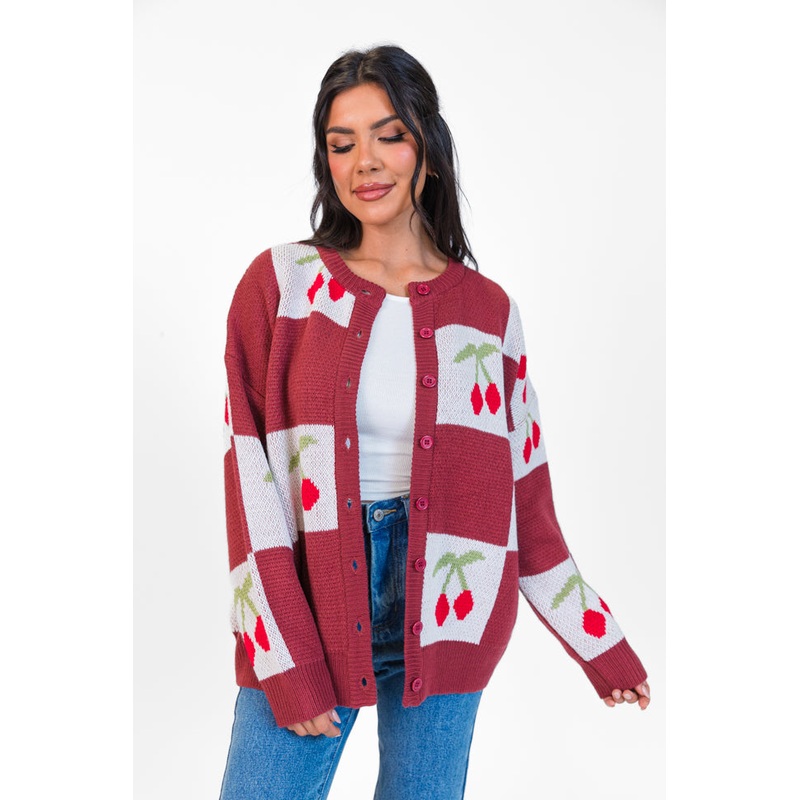 Cherry Much In Love Brick and White Multi Checkered Cardigan FINAL SALE