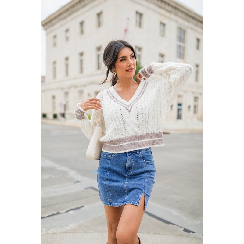 City Line Ivory Varsity V-Neck Sweater FINAL SALE