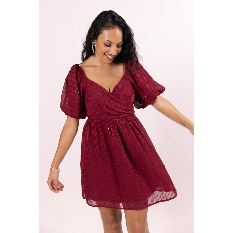 Get Figgy With It Wine Textured Surplice Neckline Holiday Dress FINAL SALE