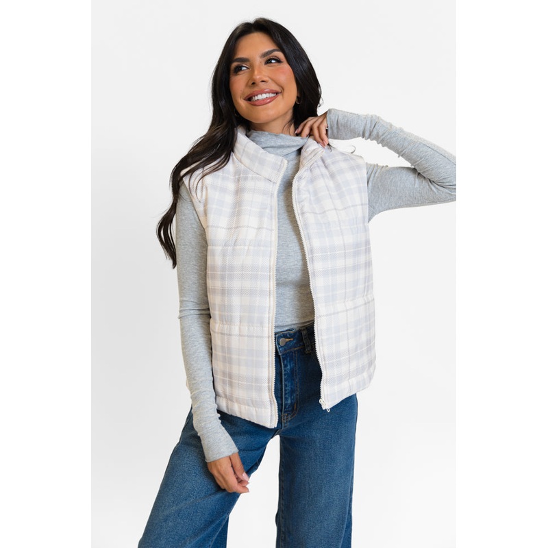 In A Bubble Beige Plaid Puffer Vest FINAL SALE