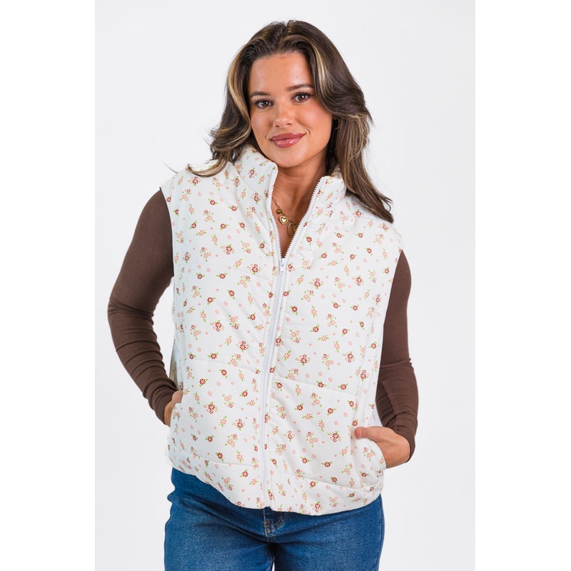 In A Bubble Ivory Floral Puffer Vest FINAL SALE