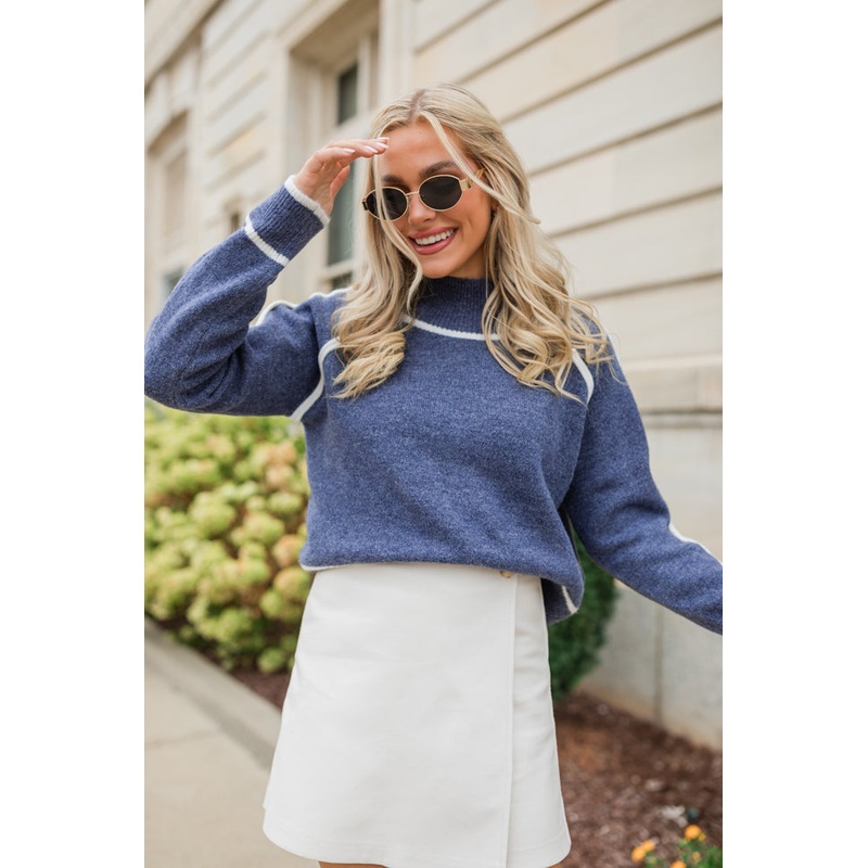 In Between Navy and Ivory Contrast Stitch Mock Neck Sweater FINAL SALE