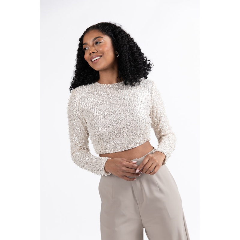 In Good Spirits Beige Pearl And Sequin Embellished Crop Blouse  FINAL SALE