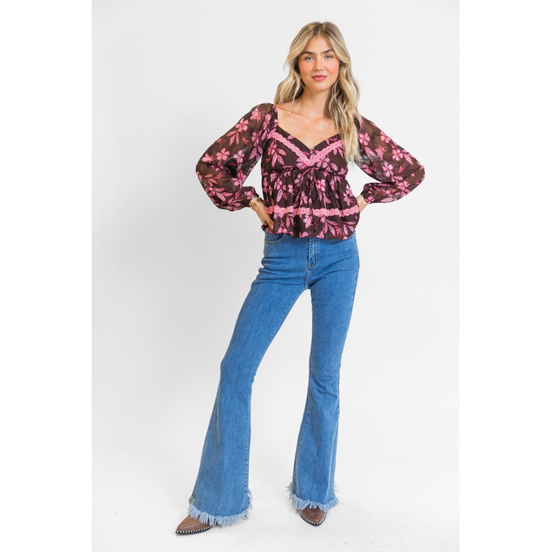 In My Dreams Brown and Pink Lace Trim Floral Blouse FINAL SALE