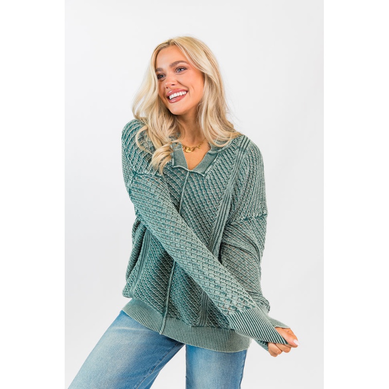 It’s Too Easy Olive Acid Wash Sweater FINAL SALE