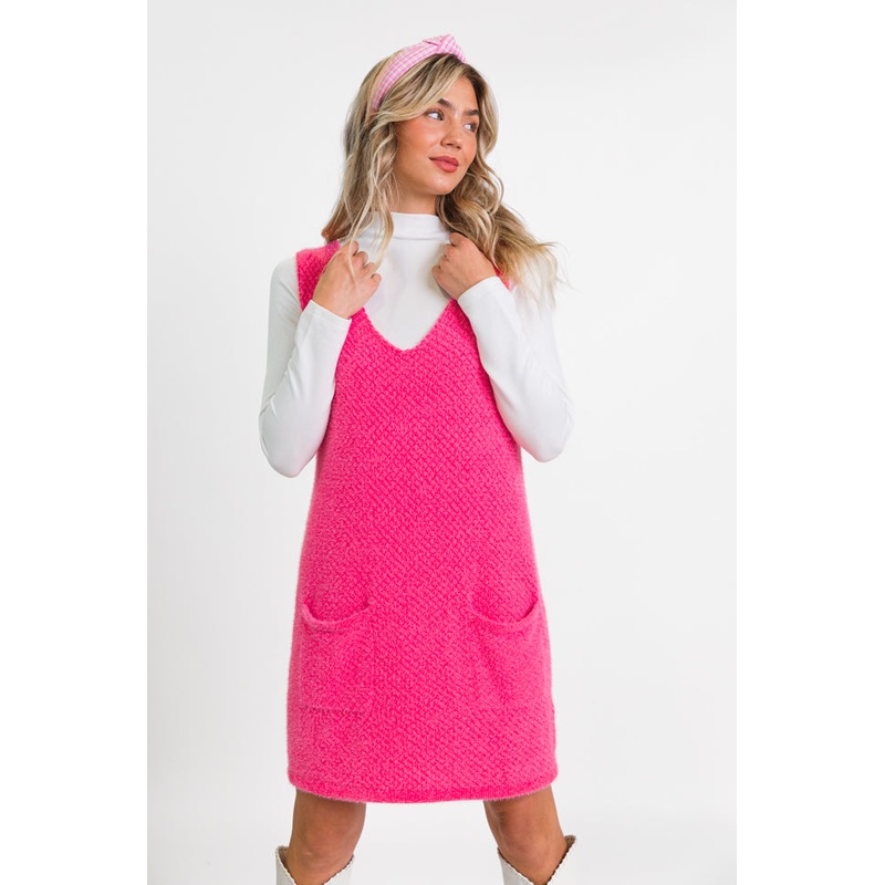Keep Track Hot Pink Pocket Front Tank Sweater Dress FINAL SALE