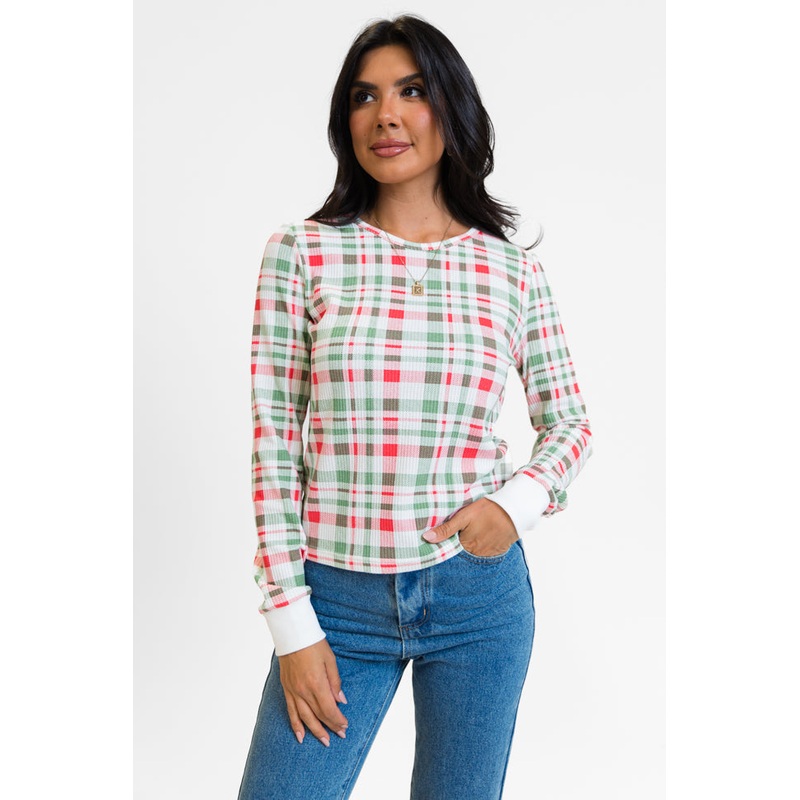 Lazy Plaid Ivory, Red, and Green Print Waffle Layering Top FINAL SALE