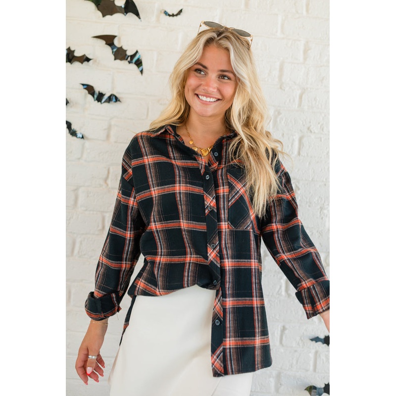 Made Me Realize Black and Orange Plaid Button Front Shirt FINAL SALE