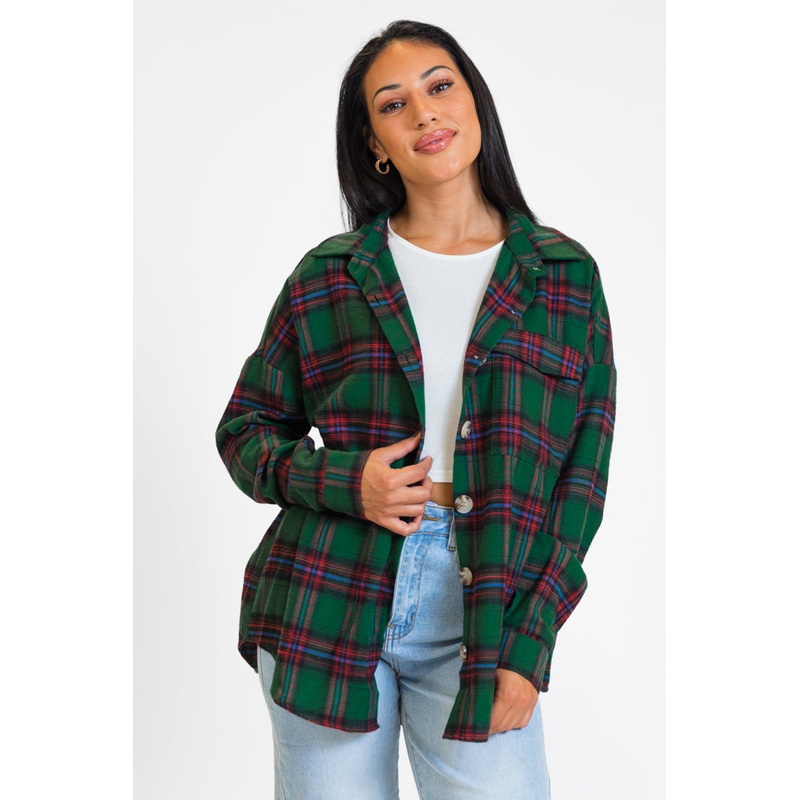 Made Me Realize Green and Red Plaid Oversized Button Front Shirt FINAL SALE