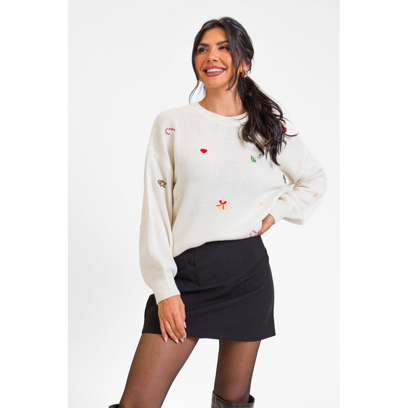 Magic Of The Holidays Cream Embroidered Sweater FINAL SALE